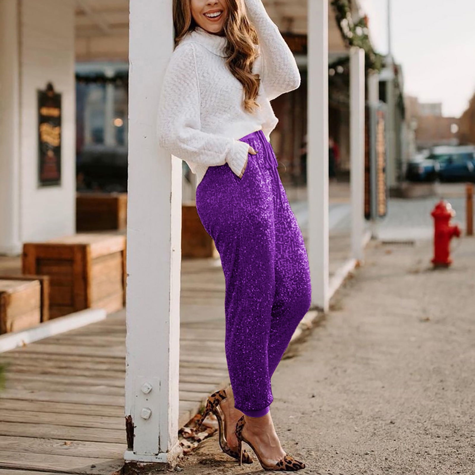 Besolor Women Glitter Sequin Pants Elastic High Waist Joggers Shiny Evening Party Trousers Clubwear with Pockets Purple