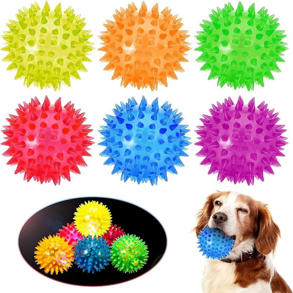 Chok 6 Pcs Light Up Spiky Ball Dog Toy Dog Chew Toys For Teething Glow In The Dark Dog Balls Spikey Led Flashing Rubber Dog Ball Bounce Activated Pupp