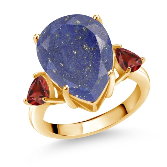 Gem Stone King 8.08 Ct Pear Shape Blue Lapis Red Garnet 18K Yellow Gold Plated Silver Ring (Size 9)