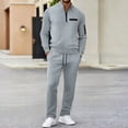 thumbnail image 3 of yuCgh Men's Classic Casual Trendy 2-Piece Set, Waffle Knit Stand Collar Quarter Zip Pocket Hoodie and Elastic Waist Pants, Stylish Outfit for Sports and Leisure Wear,Gray XL, 3 of 6