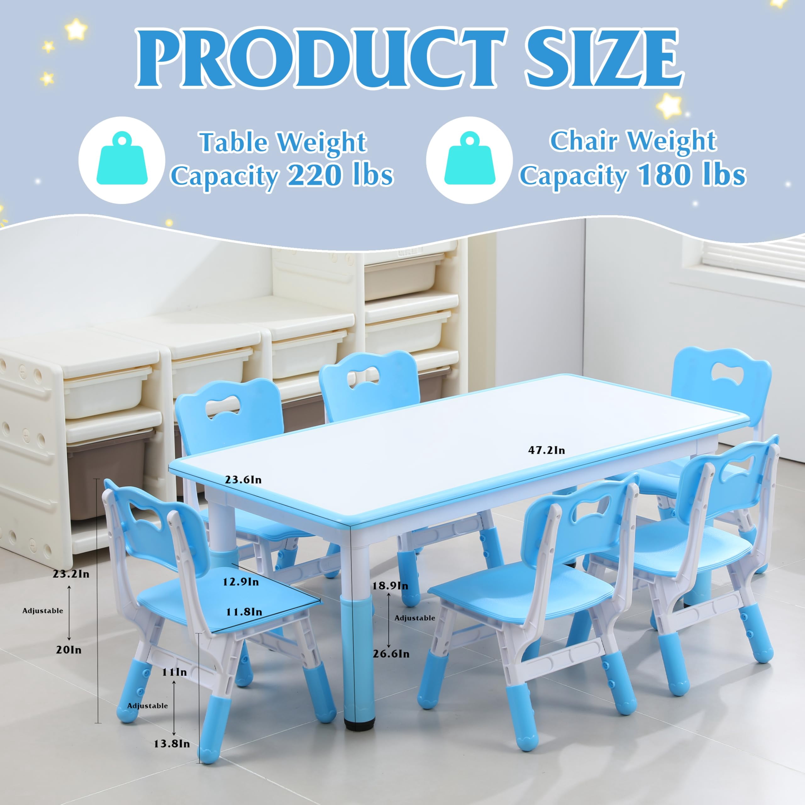 Bibana Kids Table and 6 Chairs Set with Graffiti Desktop, Toddler Furniture Set, Non-Slip, Table Children Study Desk, Dining Table, Height Adjustable Desk, Painting Desktop for Kids