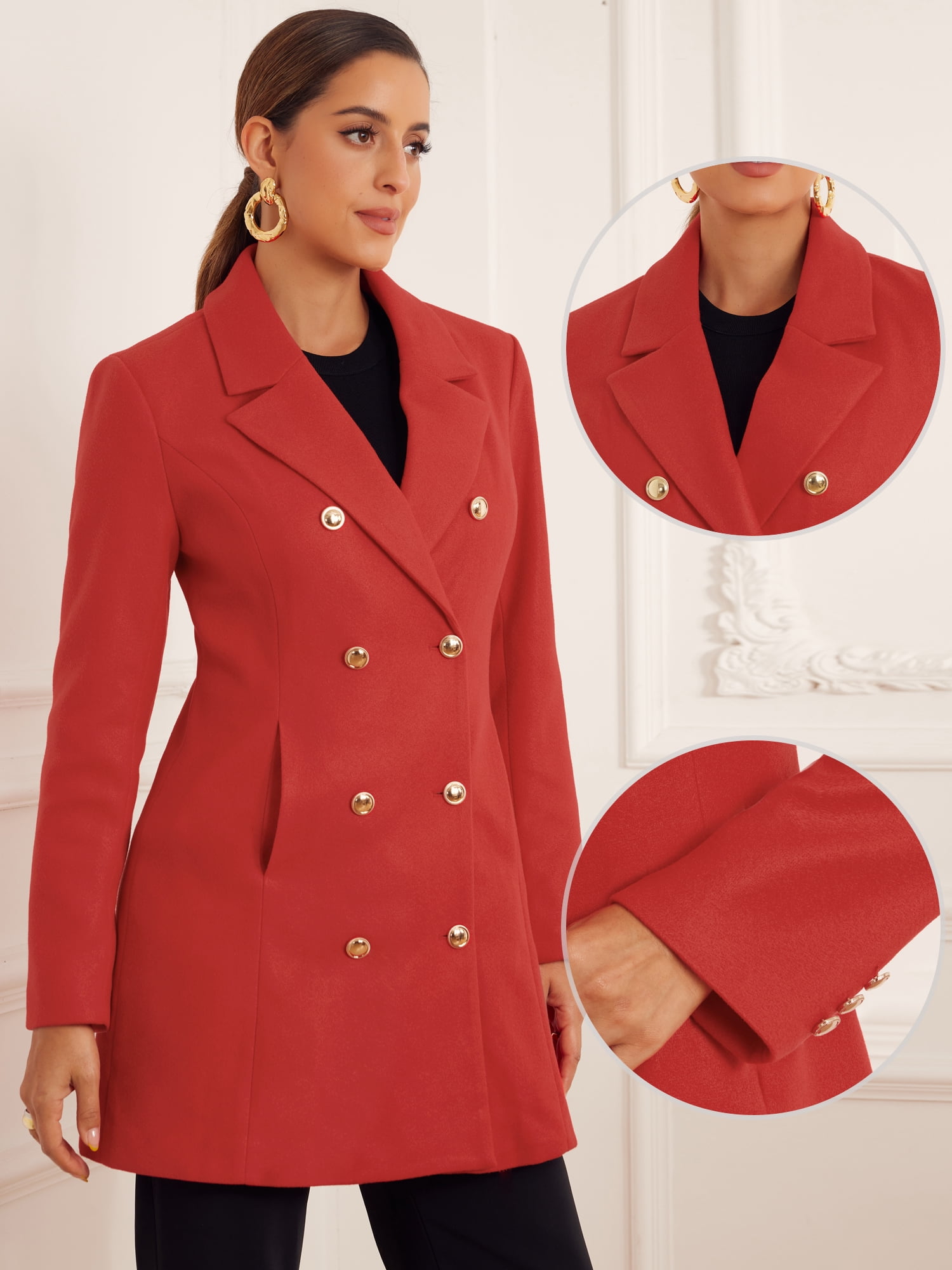 DARING DIVA Women's Winter Peacoat Notch Lapel Trench Double Breasted Coats M Red