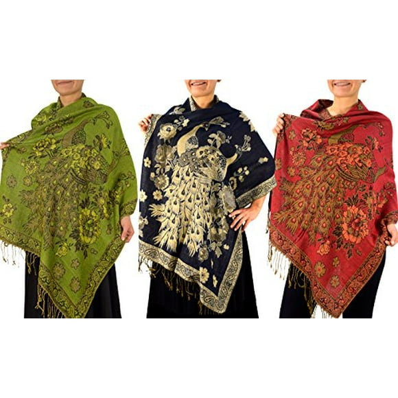 Peach Couture Floral Peacock Reversible Pashmina Wrap Shawl Scarf (Olive/Navy/Red 3 Pack)