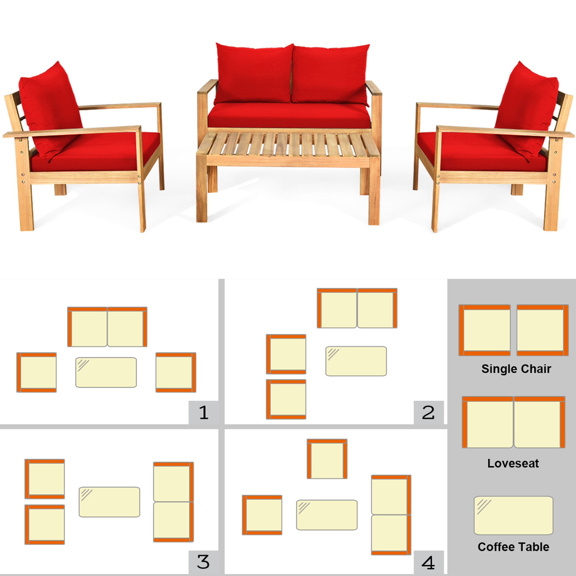 Gymax 8PCS Patio Acacia Wood Conversation Furniture Set w/ Red Cushions
