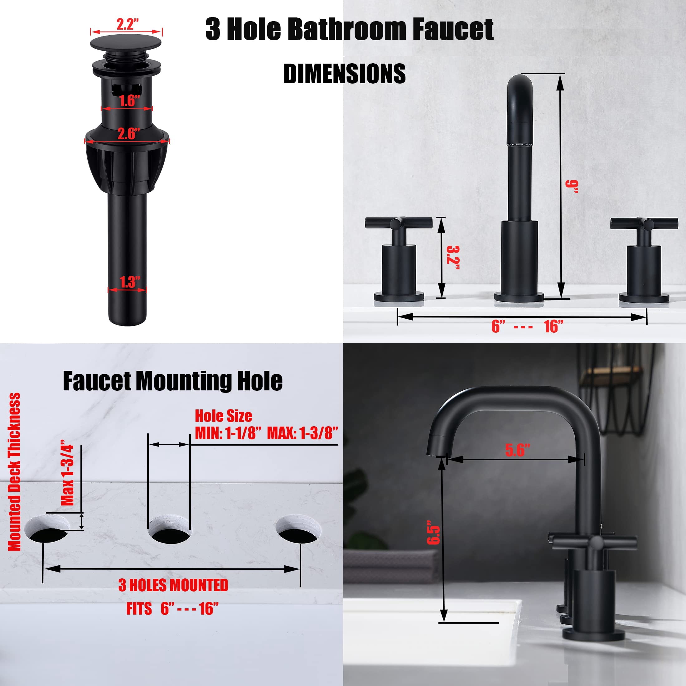 Adorer Matte Black 8 Inches Bathroom Faucet with Pop-up Drain, 2 Handle Widespread Bathroom Sink Faucet 3 Hole - 33163BK