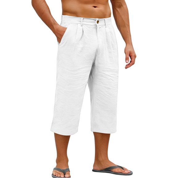 Fabrcox Mens Linen Pants Casual Straight Leg Summer Men's Capri Pants Big and Tall Vacation Travel Beach Pants Men with Pockets