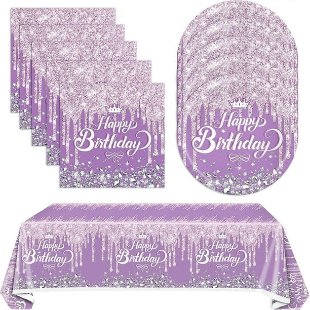 41Pcs Purple Birthday Tableware Set for Happy Birthday Table Decorations Purple Theme Birthday Dessert Plates Napkins Tablecloths for 20 Guests