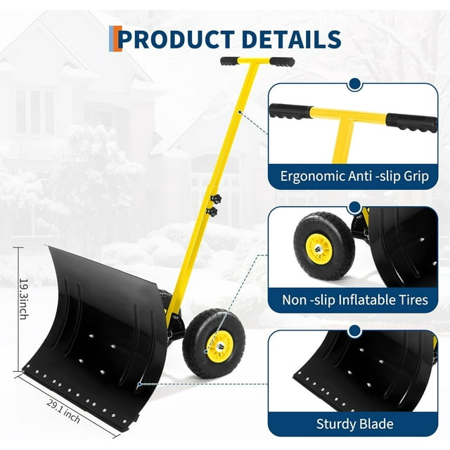 EastVita Pelle à Neige avec Roues, Chasse-Neige Robuste pour Entrée, Ergonomique, Pelle Pousse-Neige avec Déneigement Poignée à Angle et Hauteur Réglables pour Entrée, Trottoir, Noir