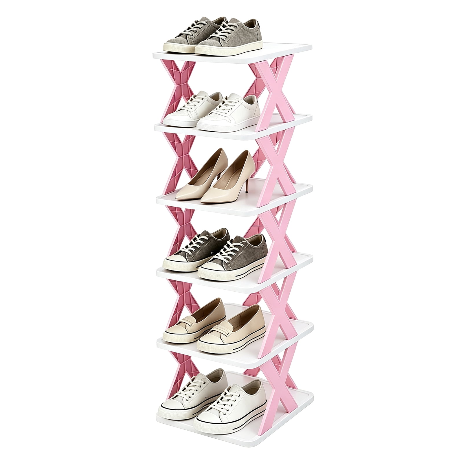 Uxcell Shoe Rack Narrow Shoe Rack 6-Tier Pink Stand White Panel Vertical Free Standing Storage Organizer Small Folding Holder Stackable Space-Saving Shelf for Entryway Closet Bedroom