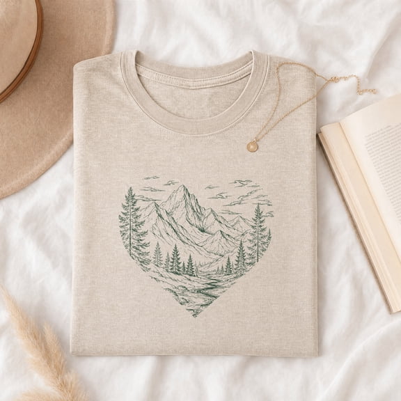 Jollimate Mountain Heart T-Shirt, Outdoor Nature Landscape Graphic Tee, Women's Shirt