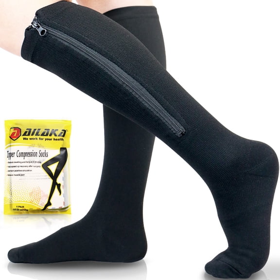 Ailaka 15-20 mmHg Zipper Compression Socks Women Men,Black,1 Pair