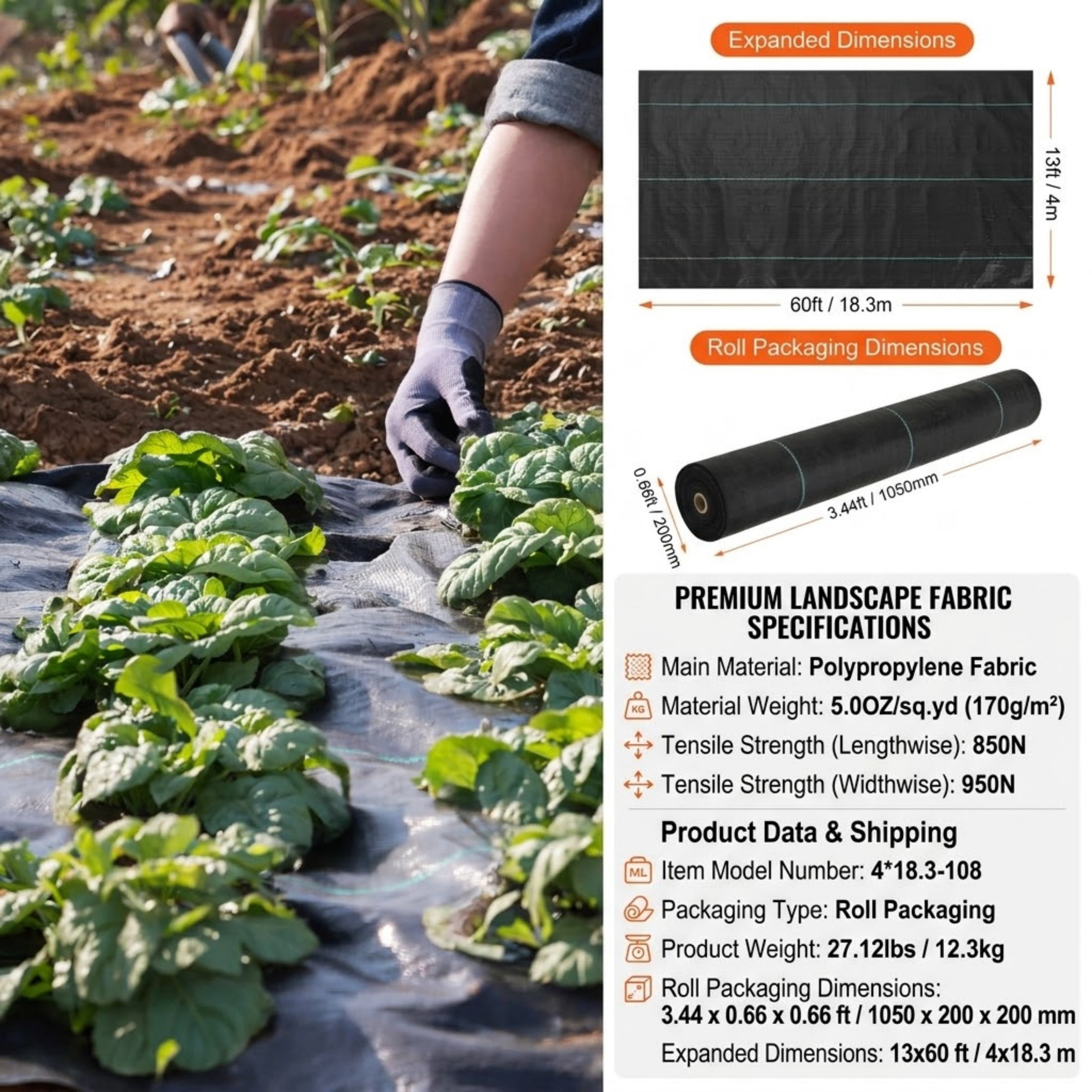 13FT x 60FT Heavy Duty Weed Barrier Landscape Fabric, 5OZ Woven Geotextile Weed Block Mat for Garden & Driveway