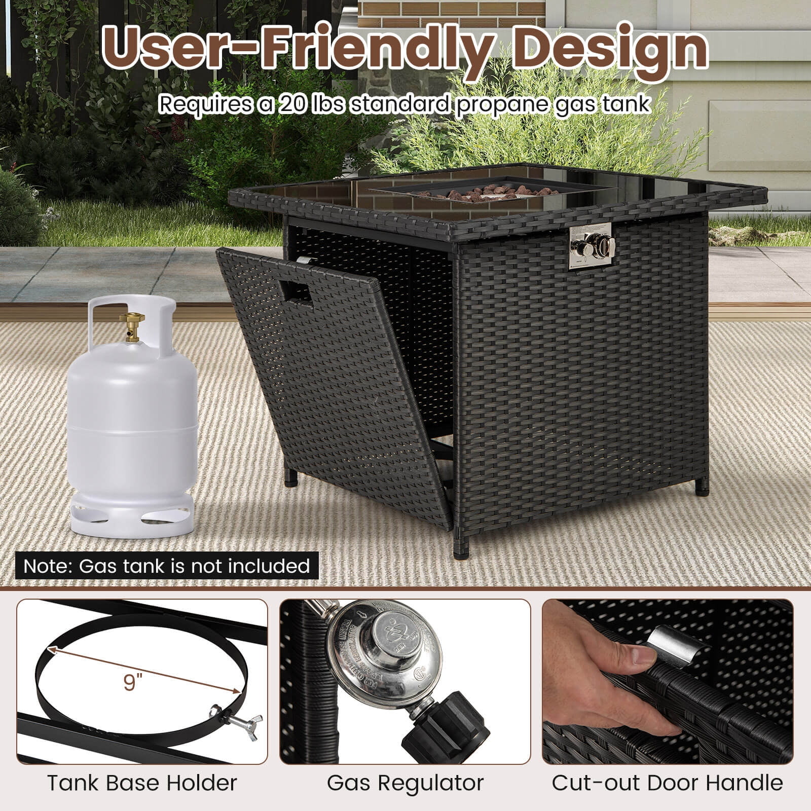 Costway 32.5" Propane Fire Pit Table Outdoor Wicker Gas Firepit with Stainless Steel Burner Black