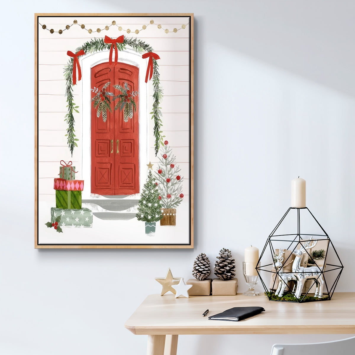 Festive Front Door II - Framed Gallery Wrapped Holiday Canvas - 25 x 37 - Natural Wood Frame