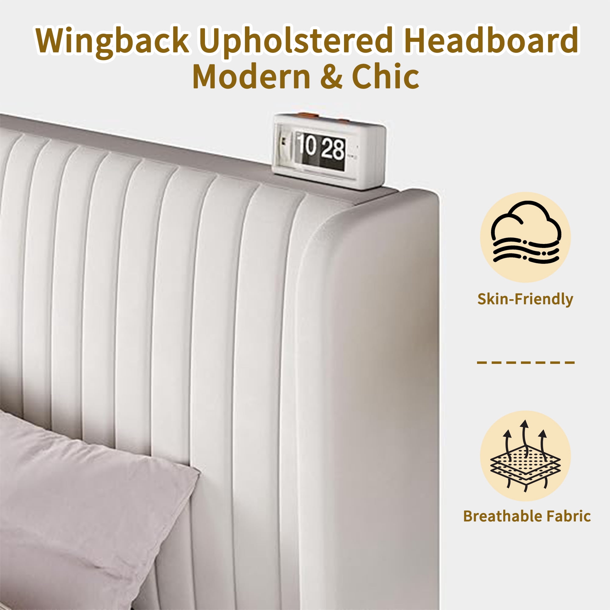 Velvet Queen Bed Frame with Vertical Channel Tufted Wingback Headboard – Upholstered Platform Bed, No Box Spring Needed, Strong Wooden Slats, Easy Assembly, White