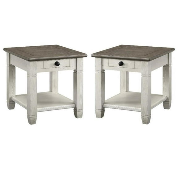 Home Square Wood 1 Drawer End Table in Antique White - Set of 2