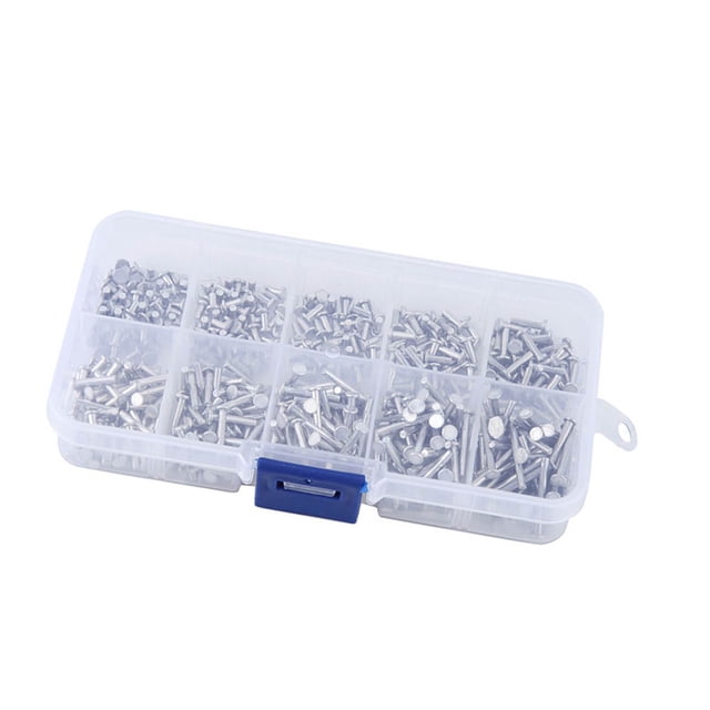 500pcs M2 Flat Head Aluminum Rivets, Aluminum Solid Rivets Flat Head Solid Rivet Assortment Kit Multi Size M2 Rivets with Storage Box