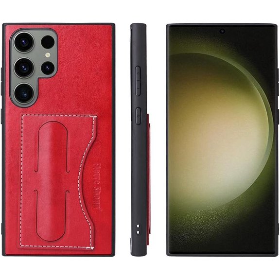 Compatible with Galaxy S23 Ultra Wallet Stand Case PU Leather Bracket Retractable Invisible Kickstand Cool Luxury Fashion Thin Protection Shockproof Case Red