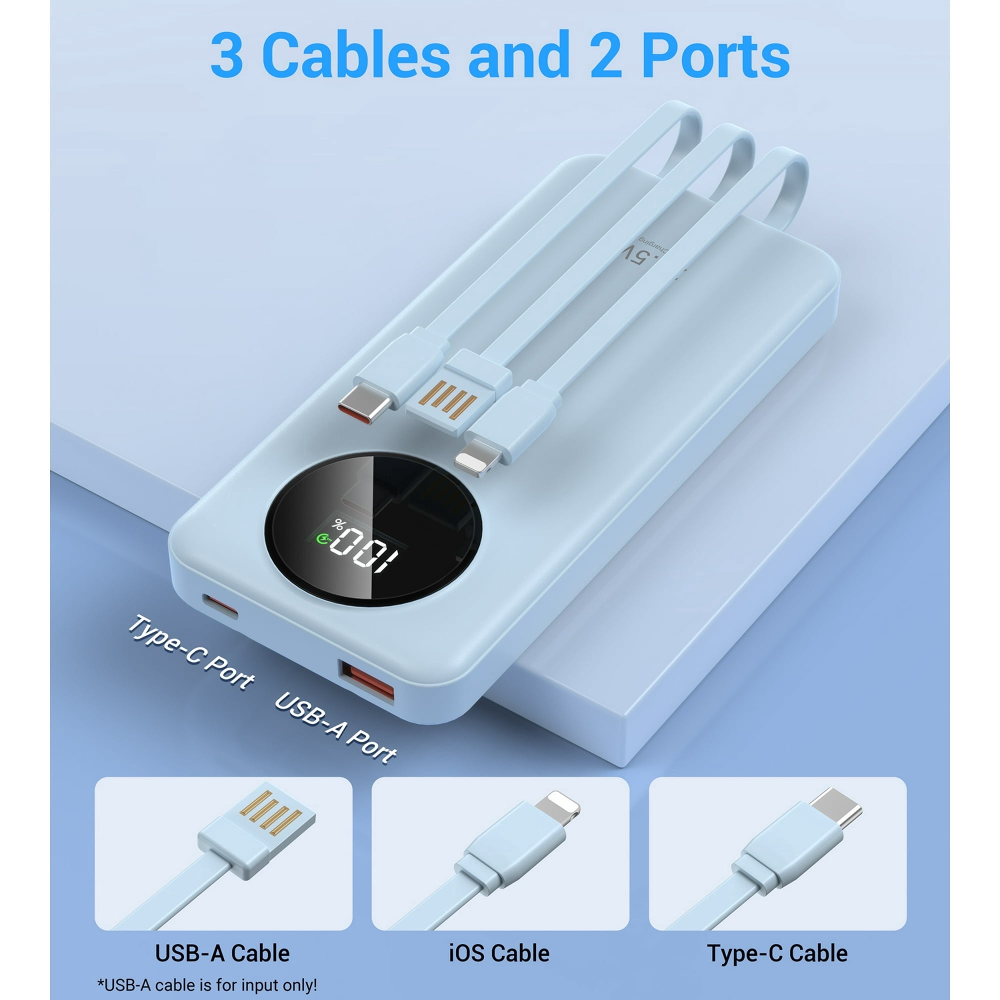 JIUMESS 10000mAh Power Bank with Cables 22.5W Fast Portable Charger Compatible for iPhone, Android