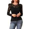 thumbnail image 5 of Unique Bargains Women's Lace Embroidery Semi Sheer Puff Sleeve Vintage Top L Black, 5 of 7