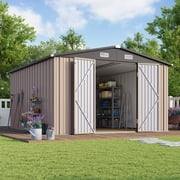 LazySunsets 10 x 12FT Shed Outdoor Storage Shed with Double Hinged Large Door, Large Metal Shed with Lockable Door & Sloped Roof for Garden, Backyard, Patio and Backyard, Brown
