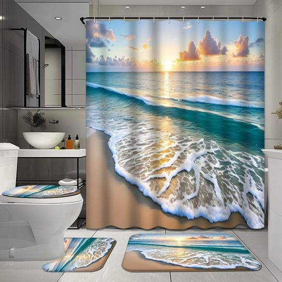 4 Pcs Rain Stormy Shower Curtain Sets with Rugs for Bathroom Decor,Dark Sea Bathroom Shower Curtain Sets,Wave Sky Bathroom Sets with Shower Curtain and Rugs