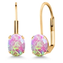 Gem Stone King Pink Opal Yellow Gold Plated Leverback Earrings for Women (1.26 Cttw, Gemstone October Birthstone, Oval Cabochon 7X5MM)