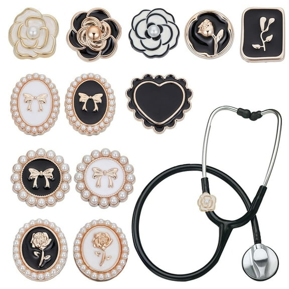 12Pcs 7 Styles Elegant Flower Stethoscope Charms 0.7~0.9 Inch Resin Enamel Stethoscopes Pendant Stethoscope ID Name Tag Charms Stethoscopes Accessories for DIY Doctor Nurse Medical Assistant