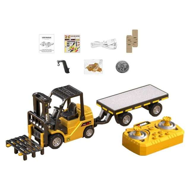 Carretilla elevadora RC 1/64 con remolque, mini carretilla elevadora de control remoto con camión de plataforma Amarillo