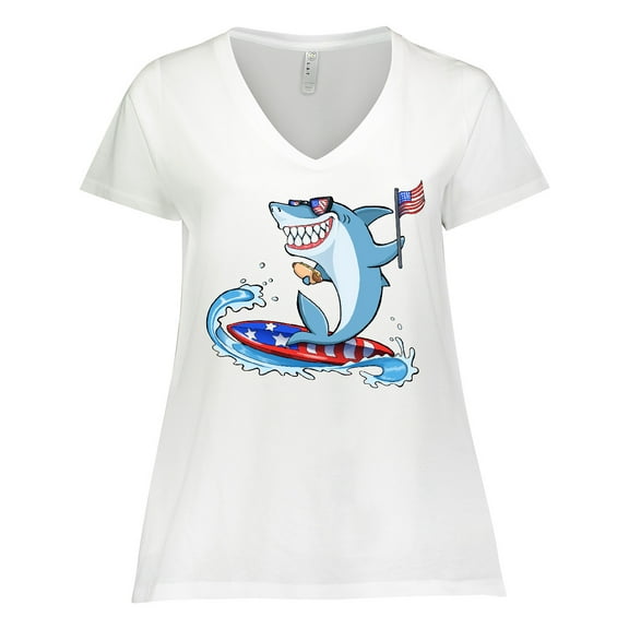 Inktastic Fourth of July Shark Surfing Women's Plus Size V-Neck T-Shirt