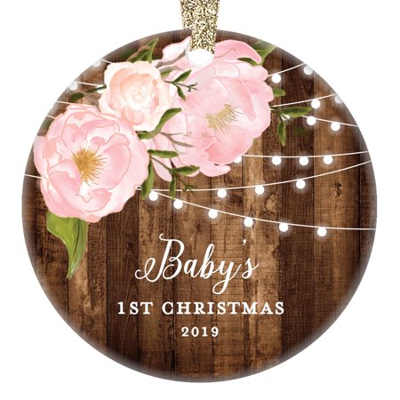 Baby's 1st Christmas Gifts, Little Girl Newborn Babies Christmas Ornament 2019 Dated Yearly Annual Pink Peonies Xmas Collectible 3