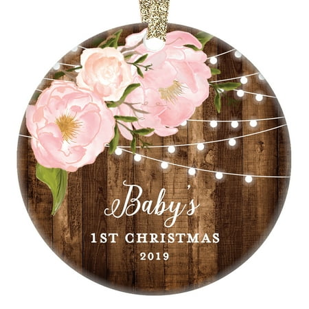 Annual Porcelain - Baby's 1st Christmas Gifts, Little Girl Newborn Babies Christmas Ornament 2019 Dated Yearly Annual Pink Peonies Xmas Collectible 3