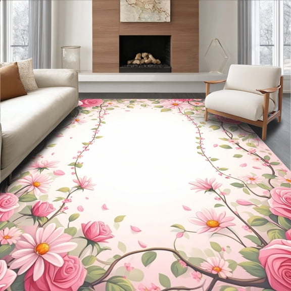 ODIKA 4'x6' Machine Washable Non-Slip Area Rug, Blossoming Garden Delight Floral Motif High Traffic Rug, Rose, 210639