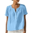 thumbnail image 3 of AKOEE Summer Linen Tops for Women with 3 Buttons V Neck Short Sleeve Loose T-shirts Travel Casual Beach (XL, Light Blue), 3 of 8