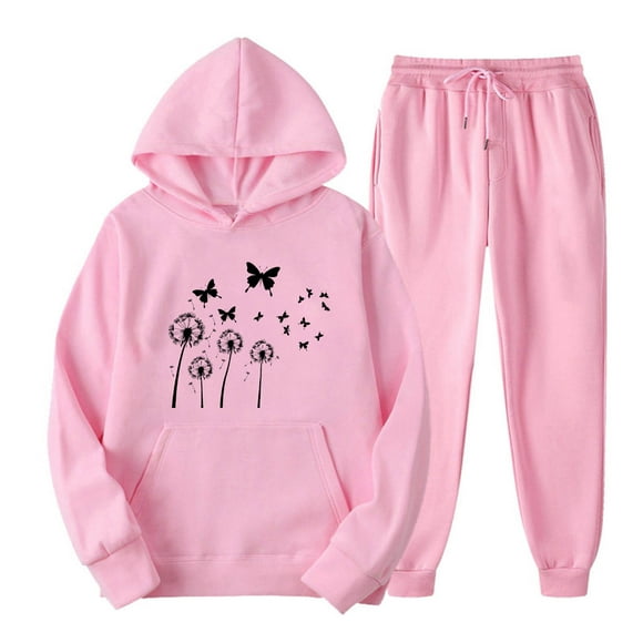 JURANMO Fashion 2 Piece Sets for Women Casual Lightweight Hoodie Sweatsuit Dandelion Print Hooded Pullover Tops with Kangaroo Pocket Sweatpant Two Piece Matching Outfits Pink S