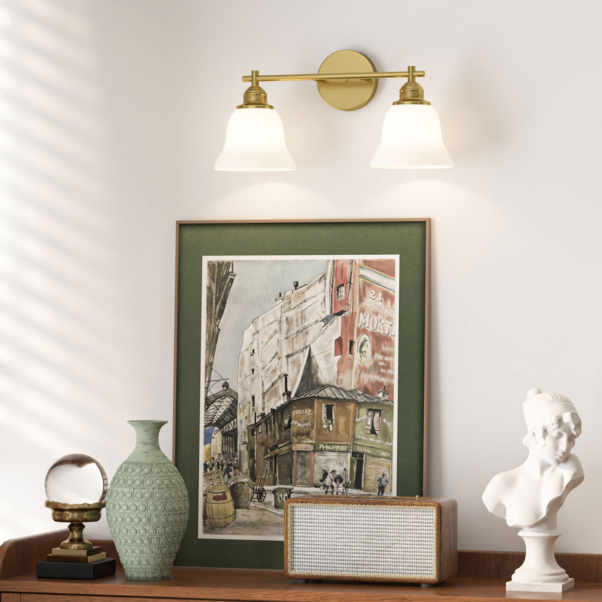 Hironpal 2-Light Bathroom Light Fixtures, Bathroom Vanity Light with White Glass Shade over Mirror Cabinet,Brushed Brass
