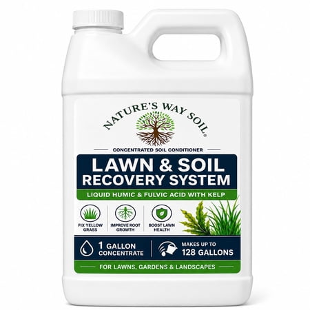 Nature’s Way Soil Lawn & Soil Recovery System – 1 Gallon Concentrate Makes Up to 128 Gallons – Liquid Humic & Fulvic Acid with Kelp – Supports Yellow Grass Recovery, Root Growth & Lawn Health