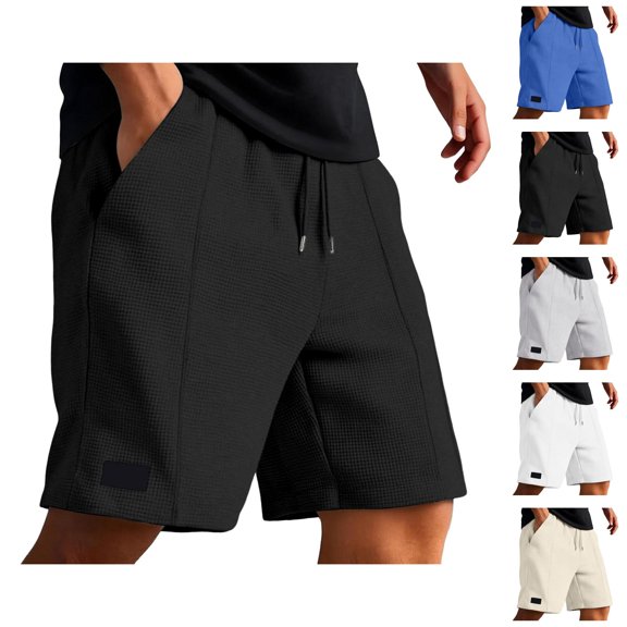Waffle Shorts for Men Summer Casual Elastic Waist Wide Straight Leg Loose Knee Length Bermuda Shorts with Pockets