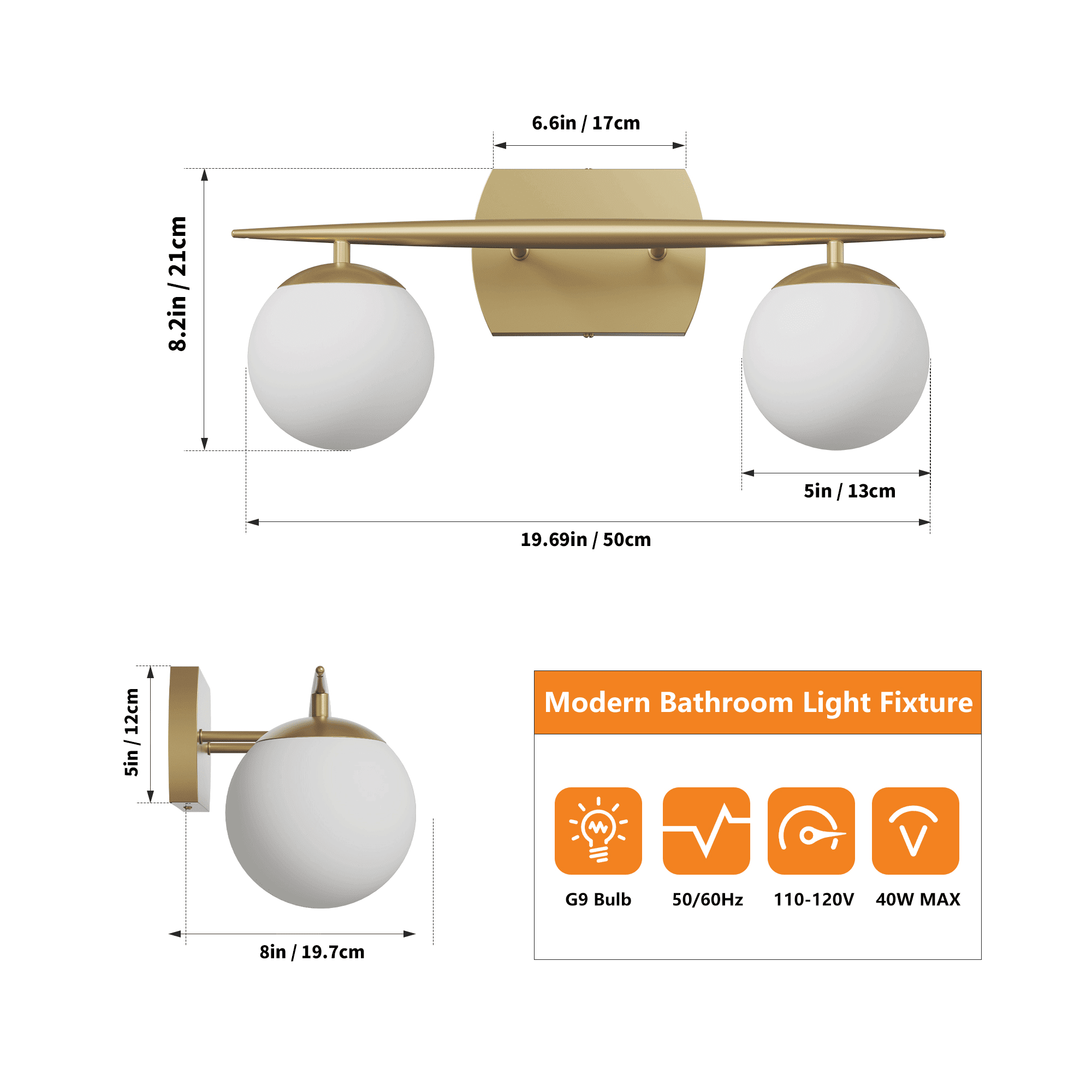 Black Vanity Lighting Fixtures, 2-Light 20 Inch Modern Bathroom Light with Milky White Frosted Glass Shades, Wall Lights for Bathroom, Bedroom, Living Room（G9 Bulb not Included）