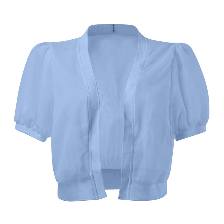 Women Puff Sleeve Bolero Open Front Summer Cropped Sheer Jackets Cardigan Women s Cardigan Light Blue L