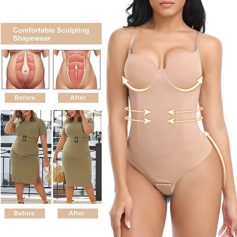 MANIFIQUE Thong Shapewear Bodysuit for Women Tummy Control Slim Body Shaper  V Neck Faja with Built-in Bra