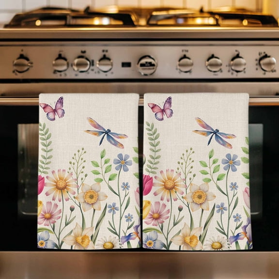 Wildflowers Kitchen Towels Set of 3, Spring Vintage Tulip Butterfly Floral Leaf Absorbent Dish Towels for Kitchen, Microfiber Hand Towel, Quick Drying Tea Towel for Cleaning Decorative Dishcloths