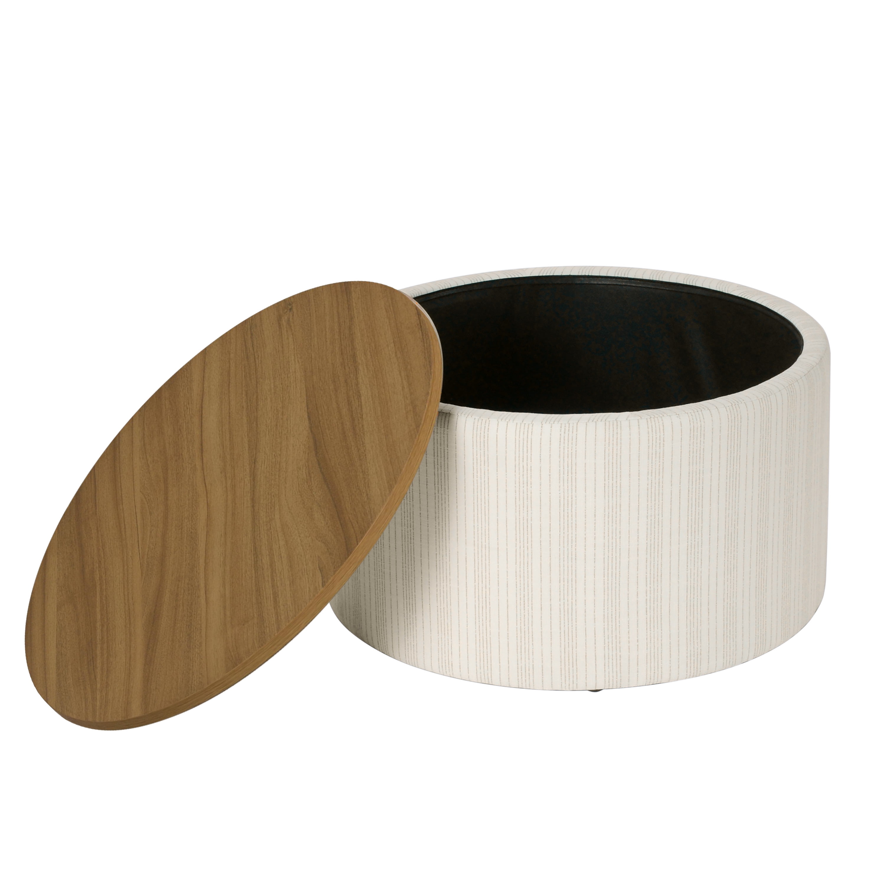 HomePop Large Modern Round Storage Ottoman with Wood Lift-Top Lid, Marigold Pinstripe/Honey Oak