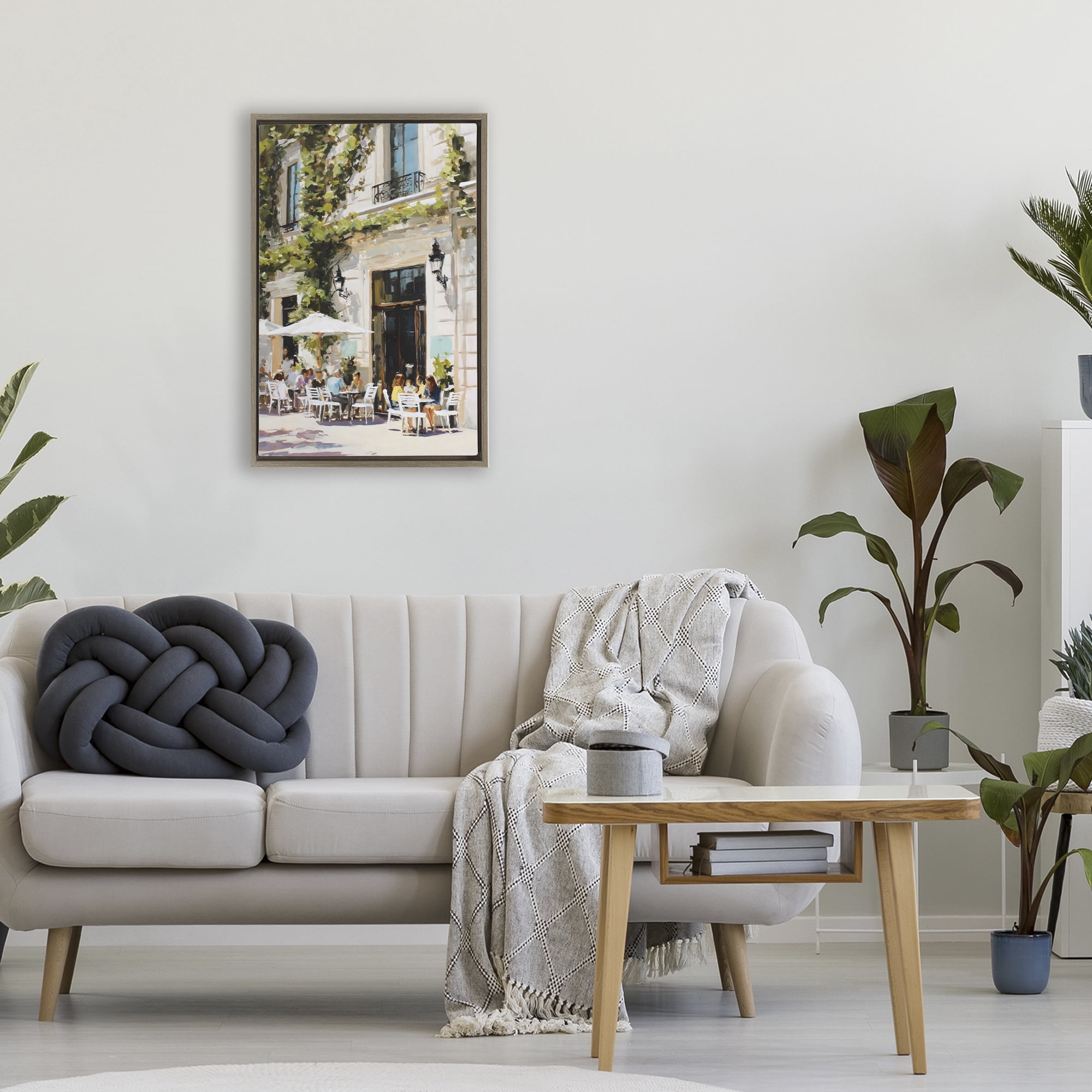 Stupell Industries Streetside Cafe Terrace with Ivy Brown Framed Floater Canvas Wall Art, design by Petal Prints Design
