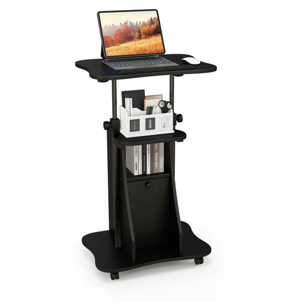 Spaco Adjustable Mobile Standing Desk Cart with Tilt Desktop and Cabinet-Black, Office Furniture, Portable Desk for Home and Office
