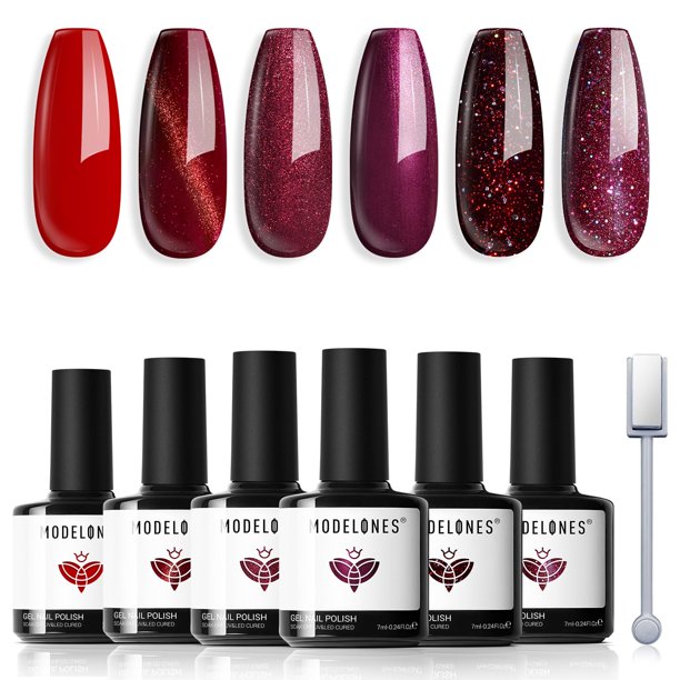 Set de esmaltes de uñas en gel Modelones 6, rojo, burdeos y morado con purpurina