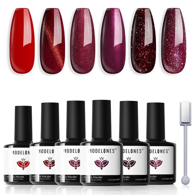 Set de esmaltes de uñas en gel Modelones 6, rojo, burdeos y morado con purpurina