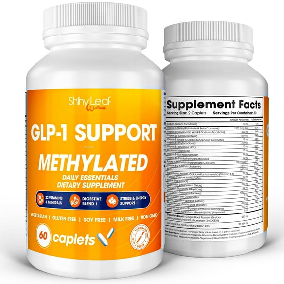 Shiny Leaf GLP-1 Nutritional Support - Daily Supplement With Essential Vitamins, Minerals, Enzymes & Digestive Nutrients Blend, Wellness Formula For Women and Men - 60 Caplets- Made In USA, GMP