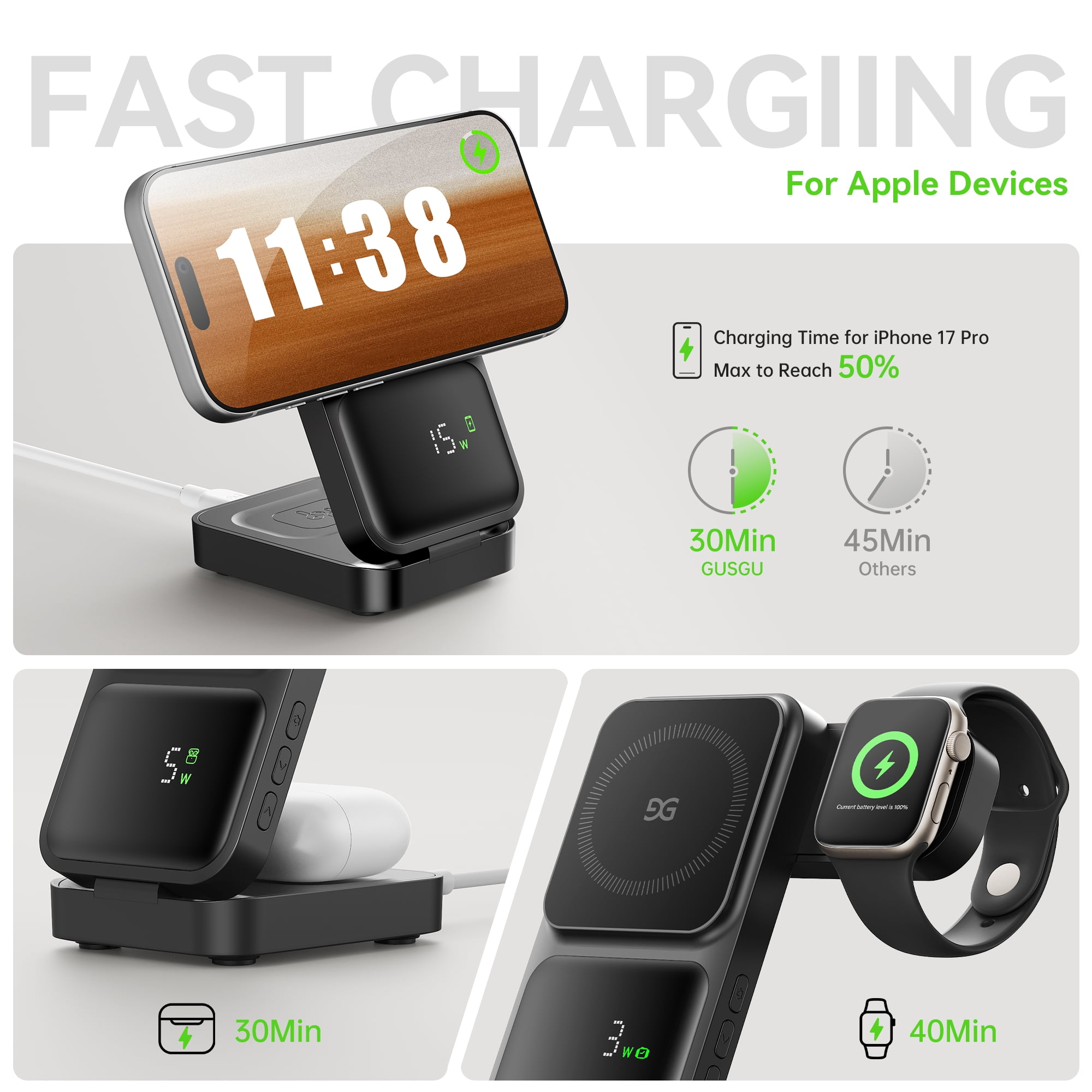 GUSGU 3-in-1 Charging Station for MagSafe Wireless Charger Clock, LED Screen with Power Display, 15W Fast Charging, Compatible with iPhone 17/Air/16/15, iWatch Ultra 3, AirPods Pro 3, Black