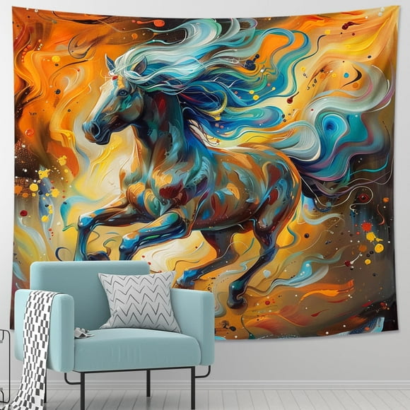 Generic Horse Tapestry Abstract Bohemian Painting Oil Painting Dot Designs Colorful Yellow Blue Polyester Backdrop Decorative Ceiling Headboard Bedroom Couch Club Tapestry One Piece 80x60 Inch